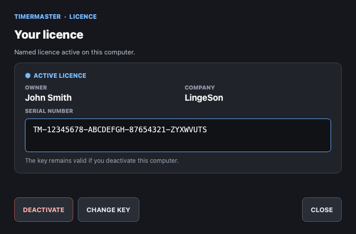 Actual TimerMaster licence window showing the serial number and Deactivate button