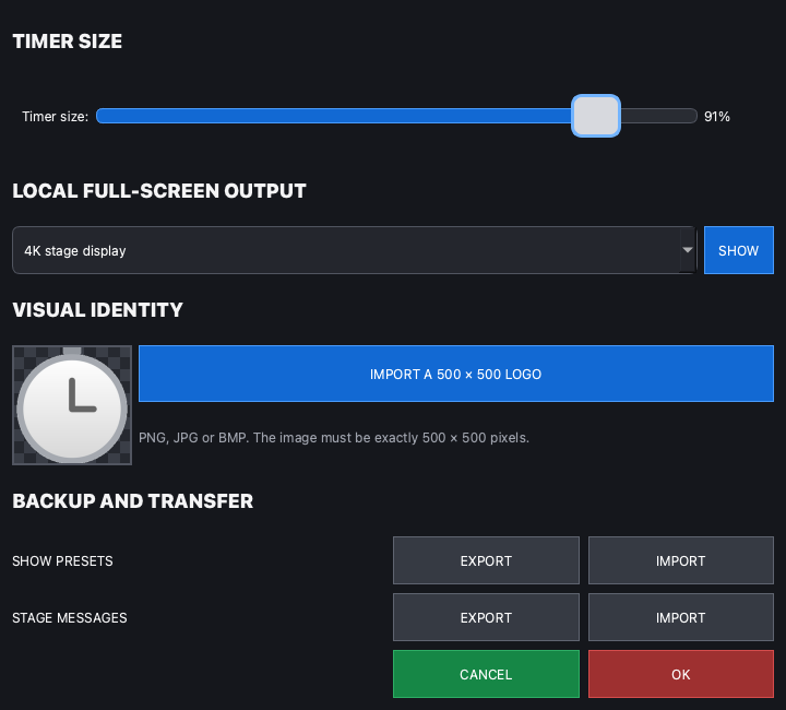 TimerMaster Settings window with separate export and import