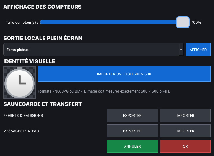 Fenêtre Réglages de TimerMaster avec export et import séparés