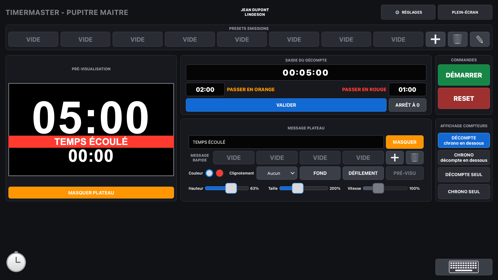 Interface réelle du pupitre maître TimerMaster